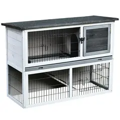PawHut Small Animal Two-Level Fir Wood Guinea Pigs Hutches Bunny Cage w/ Slide Out Tray Grey - 2