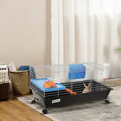 PawHut Small Animal Cage Rabbit Guinea Pigs Chinchillas Cage w/ Wheels Water Bottle Food Dish Platform Ramp 89 x 44 x 43 cm Black - 2