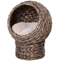 PawHut Wicker Cat Bed, Raised Rattan Cat Basket with Cylindrical Base, Soft Washable Cushion, 42 x 33 x 52cm - Brown - 1