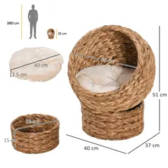 PawHut Wicker Cat Bed, Raised Rattan Cat Basket with Cylindrical Base, Soft Washable Cushion, 40 x 37 x 51 cm - Brown - 3