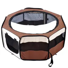 PawHut Portable Cat Dog Playpen Pet Puppy Rabbit Guinea Pig Pen Run Dia 90 x 41H cm Indoor & Outdoor Brown - 1