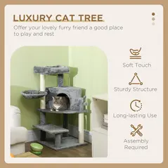 PawHut Sisal 100cm Cat Tree Tower with Sisal Scratching Post Grey - 4