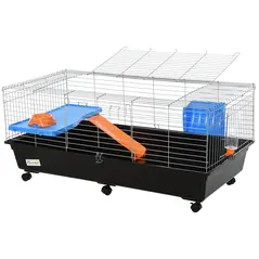 PawHut Steel Medium 2-Tier Small Guinea Pigs Hutches w/ Accessories Blue/Orange - 1