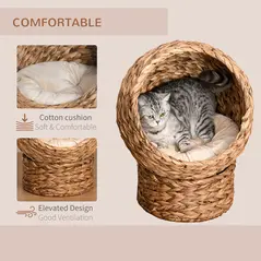 PawHut Wicker Cat Bed, Raised Rattan Cat Basket with Cylindrical Base, Soft Washable Cushion, 40 x 37 x 51 cm - Brown - 4