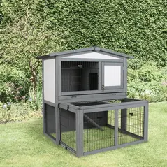 PawHut Rabbits 2-Tier Fur Wood Outdoor Hutch Guinea Pigs Hutches Grey - 1