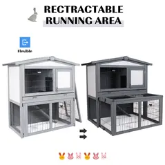 PawHut Rabbits 2-Tier Fur Wood Outdoor Hutch Guinea Pigs Hutches Grey - 5