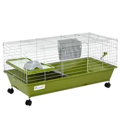 PawHut Small Animal Cage Rabbit Guinea Pigs Chinchillas Cage w/ Wheels Water Bottle Food Dish Platform Ramp 89 x 44 x 43 cm Green - 1
