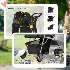 PawHut Pet Stroller for Small Miniature Dogs Cats Foldable Travel Carriage with Wheels Zipper Entry Cup Holder Storage Basket Black - 6