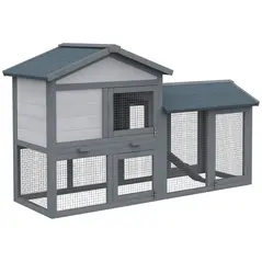 PawHut Wooden Rabbit Hutch Double Tier 147cm Outdoor with Water-Resistant Roof Ramp, Grey - 1