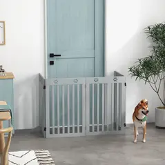 PawHut Wooden Pet Gate Foldable Freestanding Dog Safety Barrier w/ Support Feet, Grey - 2