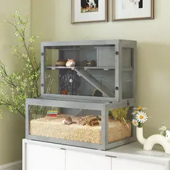 PawHut Wooden Hamster Cage with Hut, Wheel, Ramps, Removable Viewing Panels, 80 x 50 x 84 cm, Grey - 2