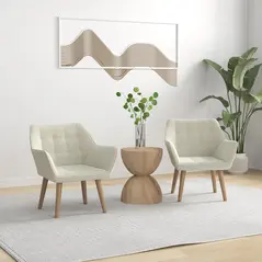 Set of 2 Accent Chair, Arm Chair with Slanted Back, Thick Padding and Rubber Wooden Legs for Living Room, Cream White - 2