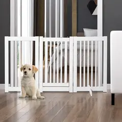PawHutPet Gates MDF Freestanding Expandable Dog Gate Wood Doorway Pet Barrier Fence w/ Latched Door White - 2