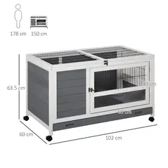 PawHut Wooden Guinea Pigs Hutches Elevated Pet Bunny House Rabbit Cage with Slide-Out Tray Indoor Grey - 3