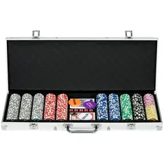 SPORTNOW 500-Piece Poker Chips Set, Poker Set with Mat, Chips, Two Card Decks, Dealer, Five Dices - 1