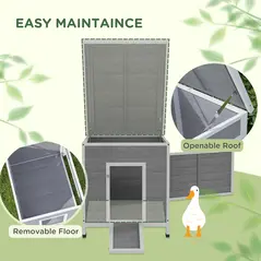 PawHut Wooden Duck House with Ramp, Double Doors, Openable Asphalt Roof, Ventilation Holes, Removable Base, Light Grey - 4
