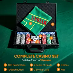 SPORTNOW 400-Piece Poker Chips Set with Lightweight ABS Case, Casino Texas Holdem Poker Set with Mat, 11.5g Numbered Poker Chips, Two Decks of Cards, Dealer, Five Dices, Grey - 4