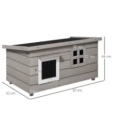 PawHut Wooden Outdoor Cat House, Elevated Cat Shelter Kennel, Pet Play House with Openable Top, Asphalt Roof, Window, Grey - 3