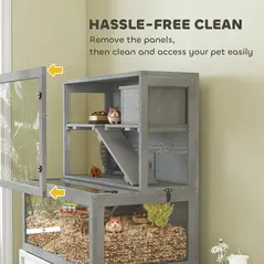 PawHut Wooden Hamster Cage with Hut, Wheel, Ramps, Removable Viewing Panels, 80 x 50 x 84 cm, Grey - 7