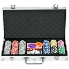 SPORTNOW 300-Piece Poker Chips Set, Poker Set with Mat, Chips, Two Card Decks, Dealer, Five Dices - 1