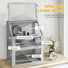 PawHut Wooden Hamster Cage with Detachable 32cm Deep Bottom, Hut, Seesaw, Exercise Wheel, Ramp, 60 x 40 x 75cm, Light Grey - 4