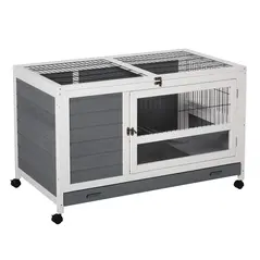 PawHut Wooden Guinea Pigs Hutches Elevated Pet Bunny House Rabbit Cage with Slide-Out Tray Indoor Grey - 7