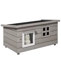 PawHut Wooden Outdoor Cat House, Elevated Cat Shelter Kennel, Pet Play House with Openable Top, Asphalt Roof, Window, Grey - 1