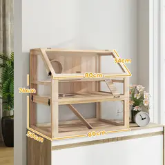 PawHut Wooden Hamster Cage with Detachable 31cm Deep Bottom, Hut, Seesaw, Exercise Wheel, Ramp, 80 x 50 x 76cm, Natural - 3
