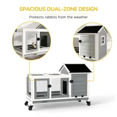 PawHut Wooden Rabbit Hutch, Guinea Pig Cage, with Removable Tray, Wheels - Grey - 8