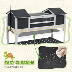 PawHut Wooden Tortoise Enclosure w/ Adjustable Lamp Holder, Openable Lid, Dual Main Houses, Storage Shelf, Fixed Tray - Grey - 6