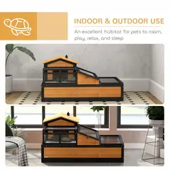 PawHut Wooden Tortoise House with Balcony, Tray, Roof, for Indoor and Outdoor, Yellow - 8