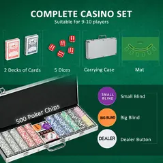 SPORTNOW 500-Piece Poker Chips Set, Poker Set with Mat, Chips, Two Card Decks, Dealer, Five Dices - 4