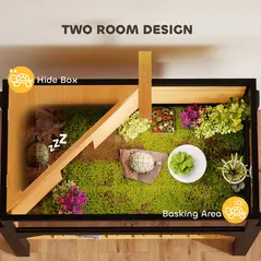 PawHut Wooden Tortoise House with Storage Shelf, Clear Observation Windows, Lamp Holder, Openable Top, Built-in Tray, Yellow - 6