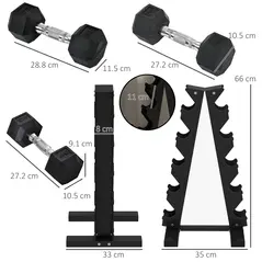 SPORTNOW 5-Tier Dumbbell Rack with 6 Hexagonal Rubber Dumbbells (2x4kg, 2x5kg, 2x6kg), Dumbbell Storage Stand Holder with Weights Sets for Home Gym Fitness, Black - 3