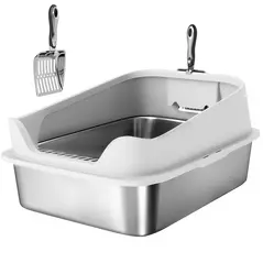 PawHut XL Stainless Steel Cat Litter Box with High Sides, Metal Scoop, 60 x 40 x 30 cm - 1
