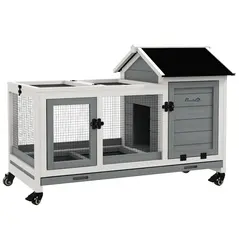 PawHut Wooden Rabbit Hutch, Guinea Pig Cage, with Removable Tray, Wheels - Grey - 1