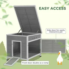 PawHut Wooden Duck House with Ramp, Double Doors, Openable Asphalt Roof, Ventilation Holes, Removable Base, Light Grey - 6