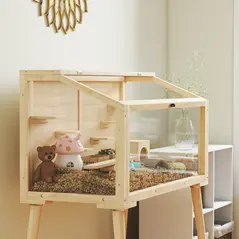 PawHut Wooden Hamster Cage, Hamster Habitat with Openable Top, Seesaws, Platforms, Water Bottle for Gerbils, 110 x 52 x 101 cm - 8