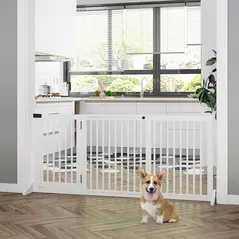 PawHut Wooden Dog Gate, Dog Fence Indoor, Freestanding Dog Barrier, Adjustable Lockable Fence with 3 Panels, 71H x 113-166W cm, White - 2