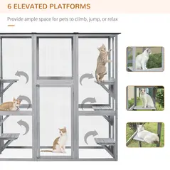 PawHut Wooden Catio Cat Outdoor Enclosure, Cat Cage with Waterproof Roof, Platforms, for Multiple Kittens, 180 x 98 x 180 cm - 6