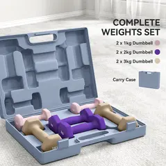 SPORTNOW 12kg Hex Dumbbells Set of 6, Hand Weights with Carry Case for Home Gym Strength Training, 2 x 1kg, 2 x 2kg, 2 x 3kg - 4