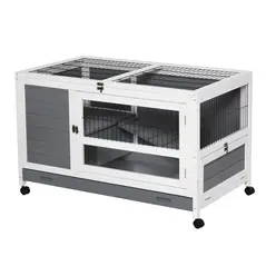 PawHut Wooden Guinea Pigs Hutches Elevated Pet Bunny House Rabbit Cage with Slide-Out Tray Indoor Grey - 2