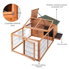 PawHut Wooden Guinea Pigs Hutches Detachable Rabbit Cage Pet House with Openable Run & Roof Slide-out Tray - 6