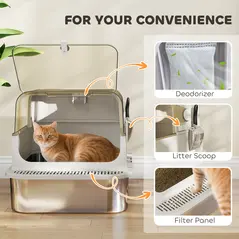 PawHut XXL Stainless Steel Cat Litter Tray, Enclosed Cat Litter Box with 90° Flip Cover, Double Doors, Scoop, Easy Clean, Grey - 7