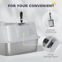 PawHut XXL Stainless Steel Cat Litter Box with High Sides, Metal Scoop, 70 x 50 x 30 cm - 8