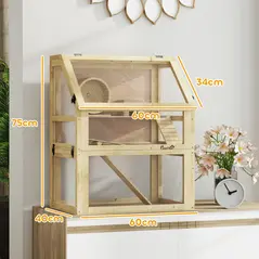 PawHut Wooden Hamster Cage with Detachable 32cm Deep Bottom, Hut, Seesaw, Exercise Wheel, Ramp, 60 x 40 x 75cm, Natural - 3