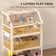 PawHut Wooden Hamster Cage with Detachable Lower Floor, Storage Shelf, Hut, Seesaw, Exercise Wheel, Ramps for Hamster - 4