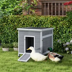 PawHut Wooden Duck House with Ramp, Double Doors, Openable Asphalt Roof, Ventilation Holes, Removable Base, Light Grey - 2