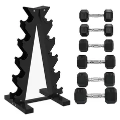 SPORTNOW 5-Tier Dumbbell Rack with 6 Hexagonal Rubber Dumbbells (2x4kg, 2x5kg, 2x6kg), Dumbbell Storage Stand Holder with Weights Sets for Home Gym Fitness, Black - 1