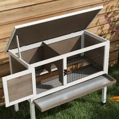 PawHut Wooden Guinea Pig Hutch, Small Animal Cage with Slide-out Tray, Openable Asphalt Roof, 84 x 43 x 70cm, Brown - 9